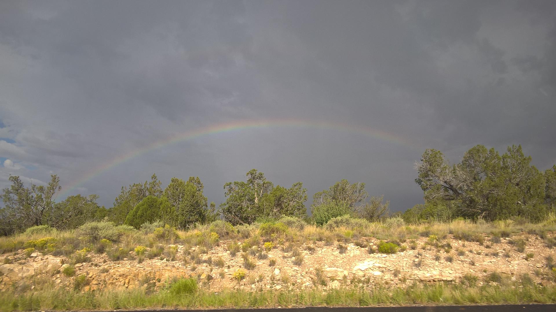 Auf dem Weg von Flagstaff zum Grand Canyon wurden wir von einem Regenbogen begleitet. Moment, das bedeutet Regen, oder?